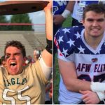 High school football recruit Mac Barry dual image holding a championship trophy and playing for all stars