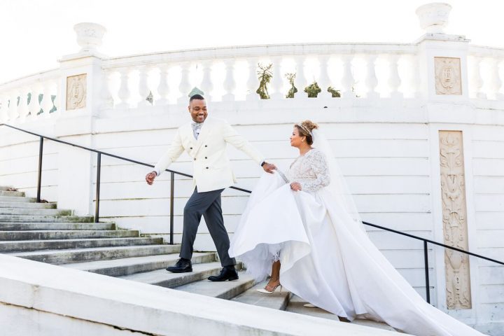 The Queen of Hershey climbing the steps with her King after getting married