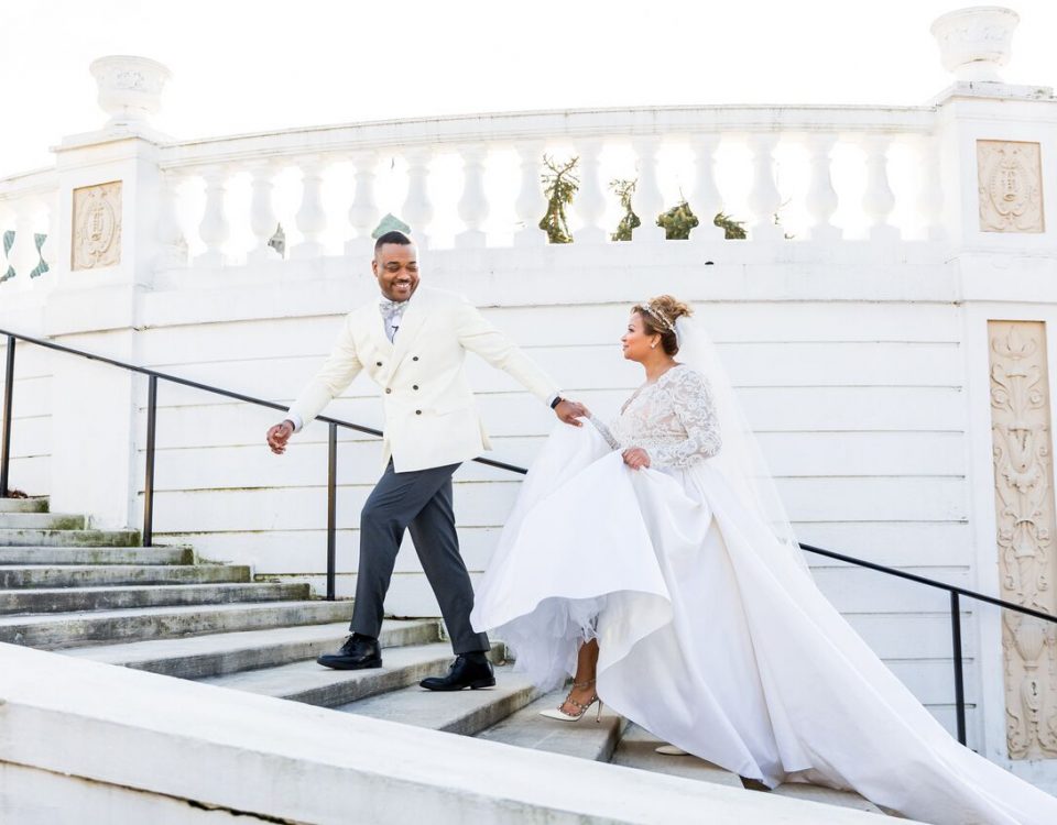 The Queen of Hershey climbing the steps with her King after getting married