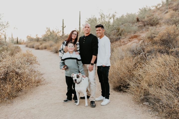 Angie with her boyfriend, son, boyfriend's son and dog