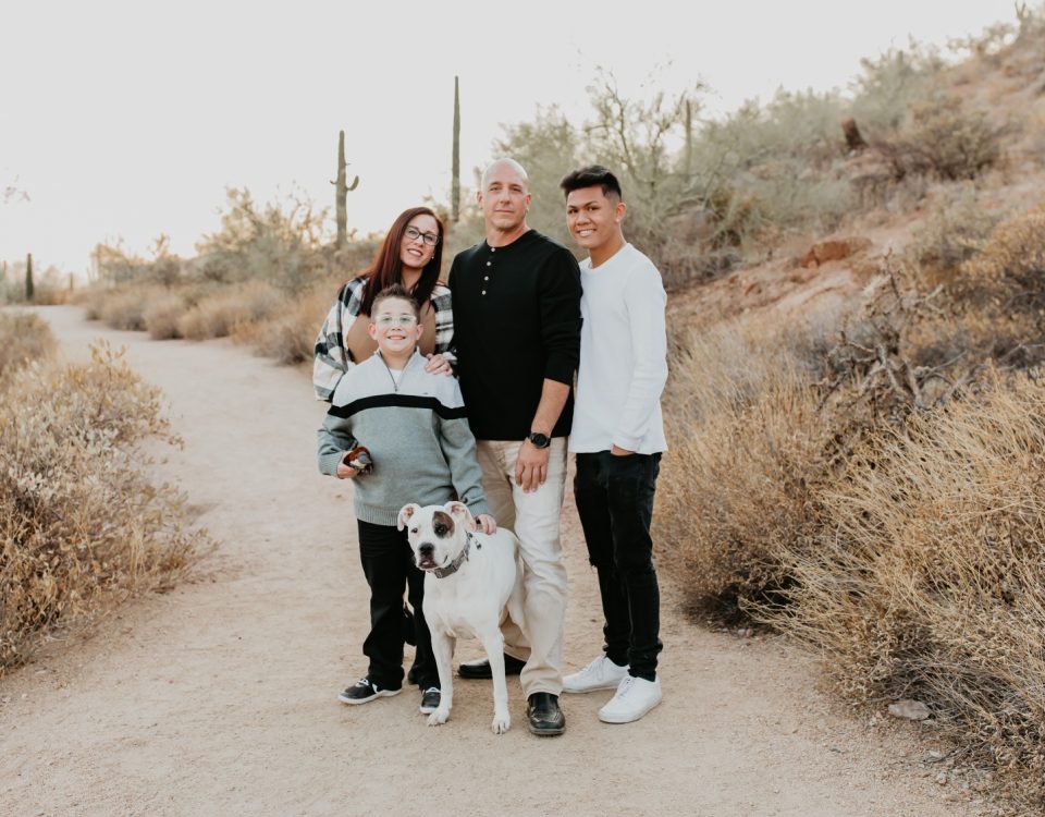 Angie with her boyfriend, son, boyfriend's son and dog