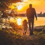 father in the sunset walking with young son for the history of Father's Day blog post